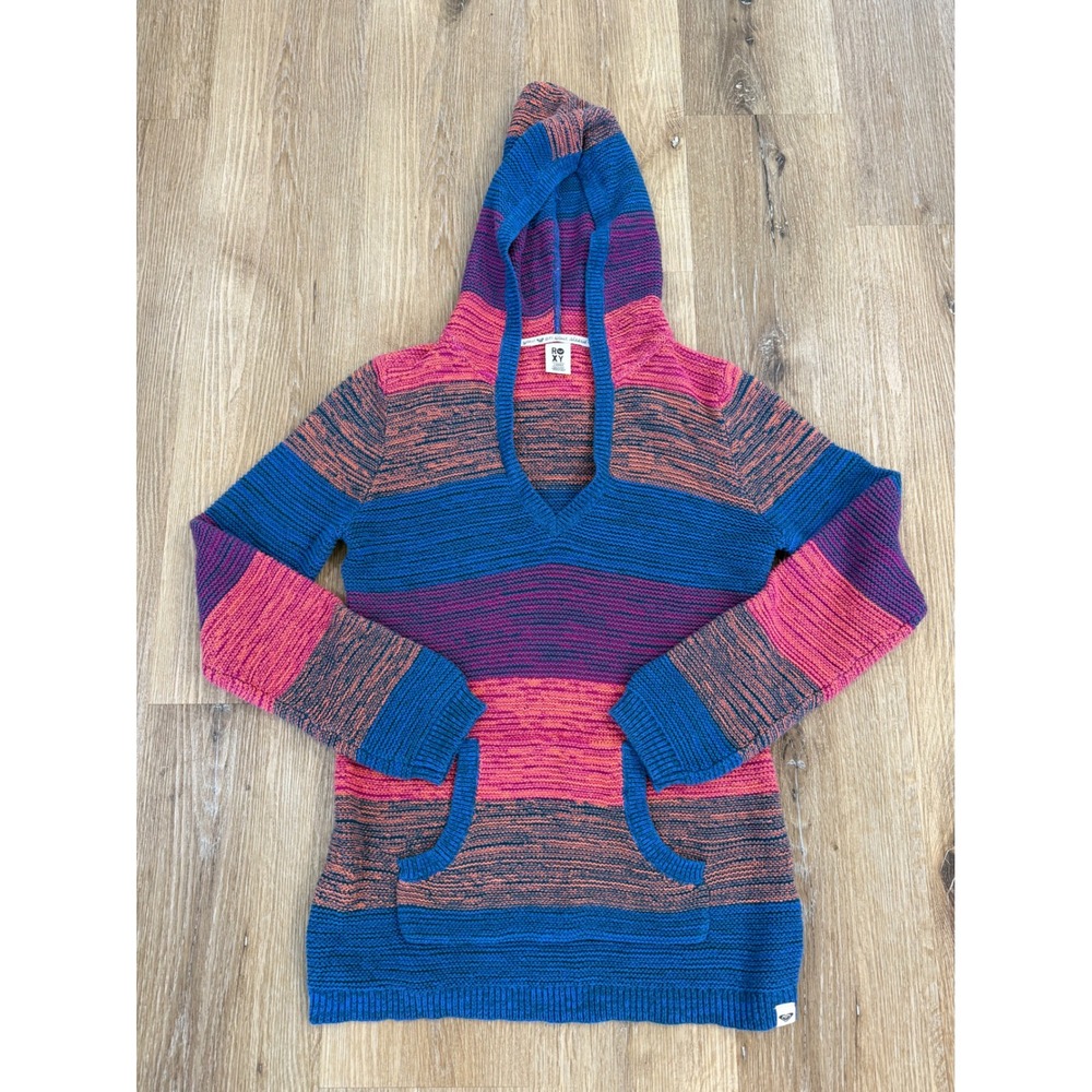 Roxy Hooded Sweater Women L Blue Pink Striped V-Neck Knit Kangaroo Pocket Boho